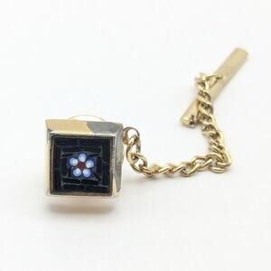 Swank Signed Vintage Gold Tone Black Blue Micromosaic Flower Tie Tack Pin *READ